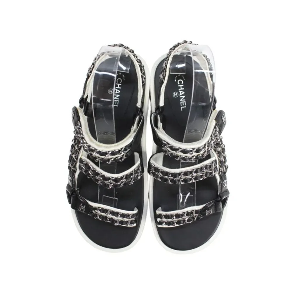Chanel Womens Black White Chain Link CC Logo Detail Dad Sandals Shoes 8.5
